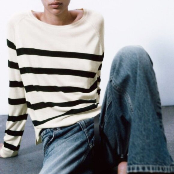 Zara Ivory Black Striped Basic Knit Pullover Sweater Crewneck Lightweight XL - Picture 5 of 15